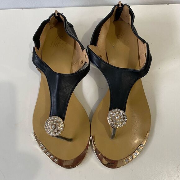 GC Shoes Black Jeweled Sandals Gold Zippered Back size 6.5 Euro 37 - Picture 4 of 11
